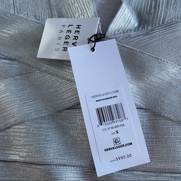 🌸 Herve Leger Metallic Deep V Neck Bandage Dress - Picture 12 of 15